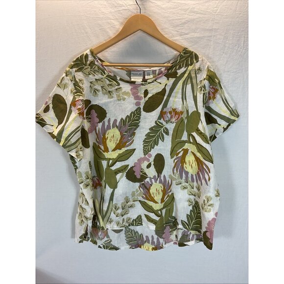Rachel Zoe 100 % Linen Tropical Floral Boxy‎ short sleeve Top Size 1X - Picture 1 of 7
